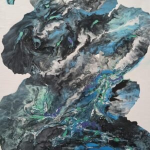 Plava apstraktna slika koja predstavlja buđenje okeana, akril na platnu.