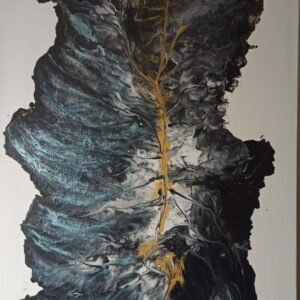 Apstraktna slika planinskog pejzaža iz ptičije perspektive u crnoj i zlatnoj boji, akril na platnu